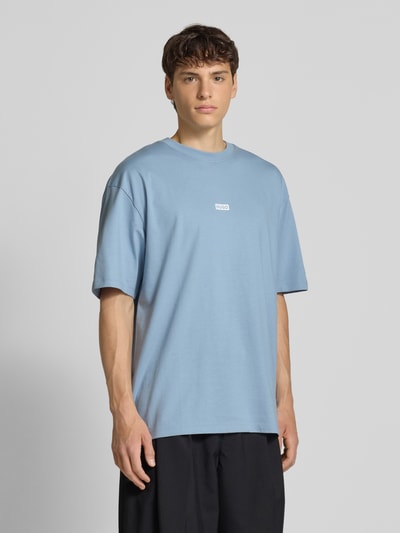 Hugo Blue T-shirt met labelprint, model 'Nalono' Rookblauw - 4