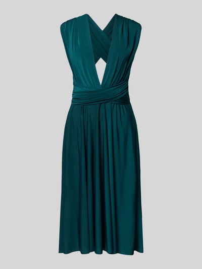 Produktfoto, Knielanges Cocktailkleid mit tiefem V-Ausschnitt von Rose Avenue in dunklem Petrol, Taillierter Schnitt, Taillenband, glatte Textur, Knielänge, Rückseitig gekreuzte Träger, Rückenlänge bei Größe S: 44 cm