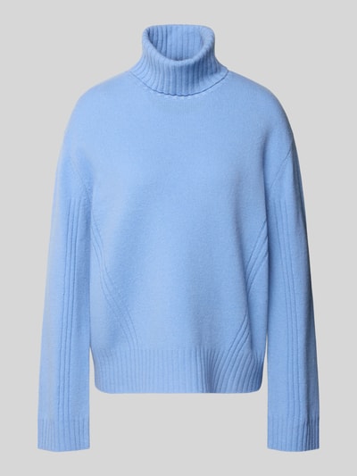 Produktfoto, Relaxed Fit Rollkragenpullover aus reiner Wolle von Liu Jo White in Hellblau mit gerippten Abschlüssen, Strasssteinen, Langarm, Damenmode