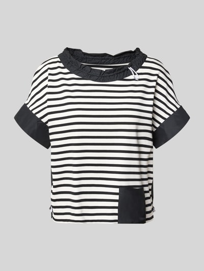 Produktfoto, T-Shirt mit Rundhalsausschnitt und Kordelzug von Marc Cain, schwarz-weiß gestreift, kontrastierende Details, gerade Form, Label-Detail, Eingrifftasche, Baumwollstruktur