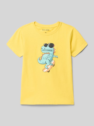 Produktfoto, T-Shirt mit Rundhalsausschnitt und Motiv-Print von Blue Seven in Gelb, reiner Baumwolle, gerader Schnitt, Dino-Print, glatte Textur