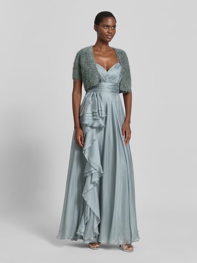 Frauenmodel trägt Cropped Bolero mit 1/2-Arm von V.M., gerade Passform, offene Front, strukturierte Oberfläche in Grau, Ganzkörperansicht von vorne.