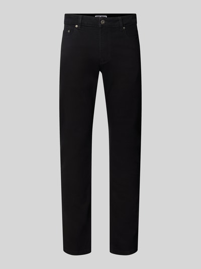 Produktfoto, Slim Fit Jeans aus elastischem Baumwoll-Mix mit Gürtelschlaufen von REVIEW in Schwarz, 5-Pocket-Design, glatte Oberfläche