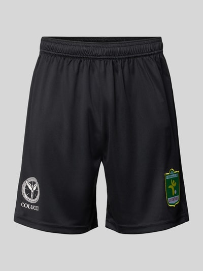 Produktfoto, Relaxed Fit Shorts mit Logo-Print von COLUCCI in Schwarz mit Motiv-Stitching, elastischem Bund, Bundweite 38 cm, Innenbeinlänge 18 cm, Herren Shorts.