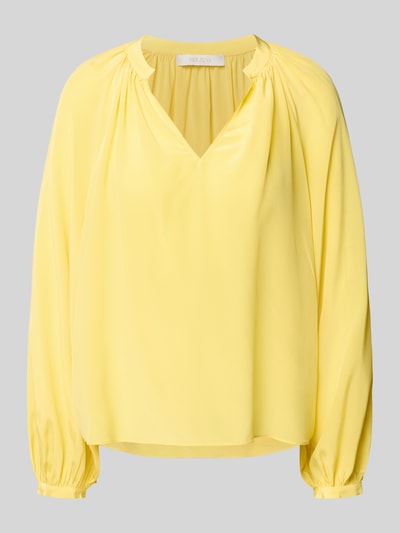 Produktfoto, Regular Fit Bluse mit V-Ausschnitt von HERZENS w jasnym żółtym kolorze, miękki, lejący materiał, tunikowy kołnierz, krój regular fit, długość tyłu w rozmiarze 36: 58 cm, długość rękawa w rozmiarze 36: 66 cm