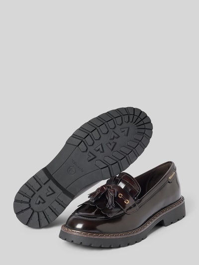 Produktfoto, donkerbruine loafers met labelprint van Tamaris, glanzend oppervlak, grove profielzool, Dames Loafer von Tamaris