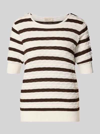 Productfoto, Strickshirt mit Rundhalsausschnitt Modell 'Dodo' van FREE/QUENT, rechte fit, puur katoen, witte en bruine strepen, geribbelde boorden, fijne structuur