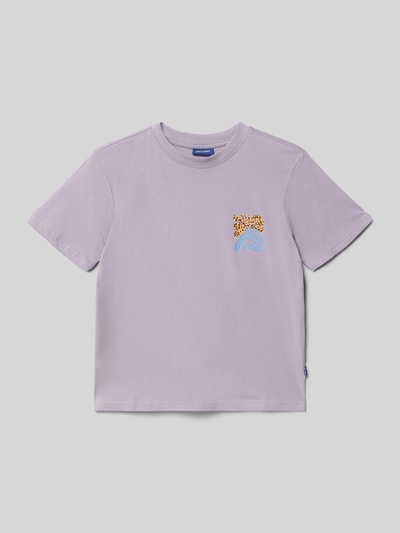 Produktfoto, Kinder T-Shirt Relaxed Fit T-Shirt aus reiner Baumwolle Modell 'MEMPHIS' von Only & Sons, Optik: Unifarben, Motiv-Print, Rundhals, Kurzarm, Materialverarbeitung: Jersey, Farbe helllila, glatte Struktur.