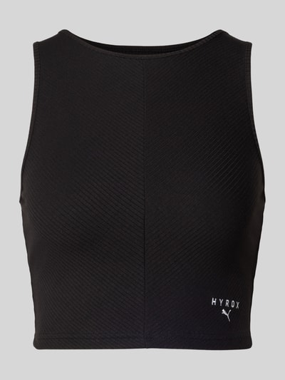 Produktfoto, schwarzes PUMA x HYROX - Crop Top mit feiner Struktur, Label-Stitching und Rundhalsausschnitt, Baumwoll-Mix mit Stretch-Anteil