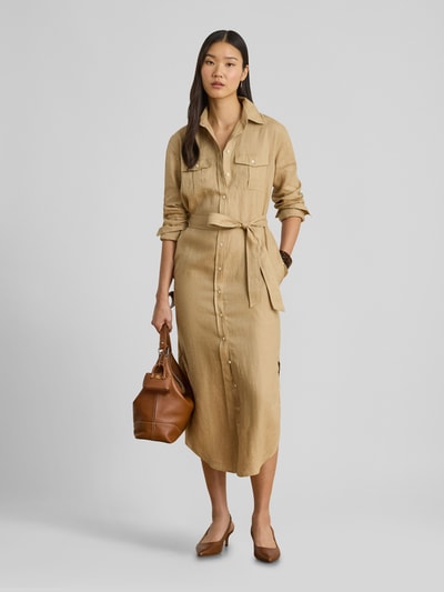Lauren Ralph Lauren Wąska sukienka koszulowa midi z czystego lnu Beżowy 1