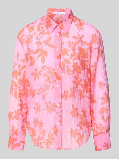 Produktfoto, Regular Fit Hemdbluse aus Lyocell-Mix von Mango in Pink mit floraler Allover-Print, semitransparentes Design, Langärmelig, Hemdblusenkragen, durchgängige Knopfleiste, Rückenlänge bei Größe S 70 cm, Ärmellänge 59 cm, strukturierte Oberfläche.