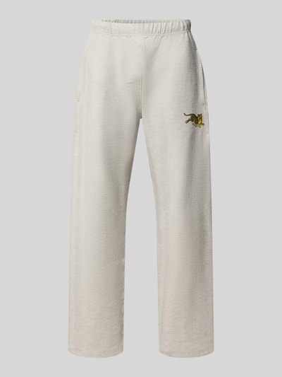 Produktfoto, Sweatpants aus Baumwoll-Mix von Kenzo, mieszanka bawełny i elastanu, luźny krój, elastyczny pas, nadruk z logo, wpuszczane kieszenie, długość wewnętrzna nogawki w rozmiarze M: 81 cm, szerokość w rozmiarze M: 37 cm, kolor jasnoszary, wyrazista faktura tkaniny