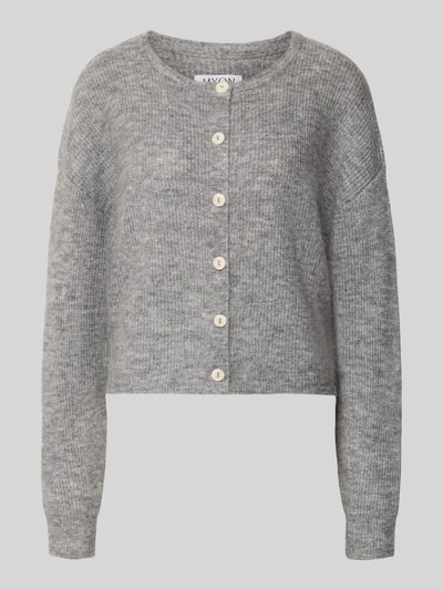 Productfoto, Strickjacke mit Woll-Anteil van MYON voor dames, grijs, riblook, recht model, ronde hals, doorlopende knoopsluiting, elastische materiaalmix, ruglengte bij maat 36: 50 cm, mouwlengte bij maat 36: 67 cm