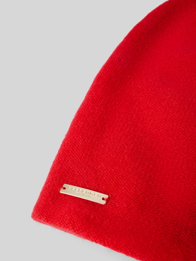 Productfoto, Doppelt gestrickte Beanie aus reinem Kaschmir van Seeberger in rood met dubbele-laagjeslook, Labeldetail in metallic, Tricotlook