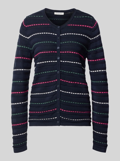 Produktfoto, Cardigan aus reiner Baumwolle von Christian Berg Woman mit dunkelblauem Grund, Streifen in Pink, Grün und Weiß, eng anliegende Passform, Rundhalsausschnitt, durchgehende Knopfleiste, Rückenlänge 62 cm, Ärmellänge 72 cm