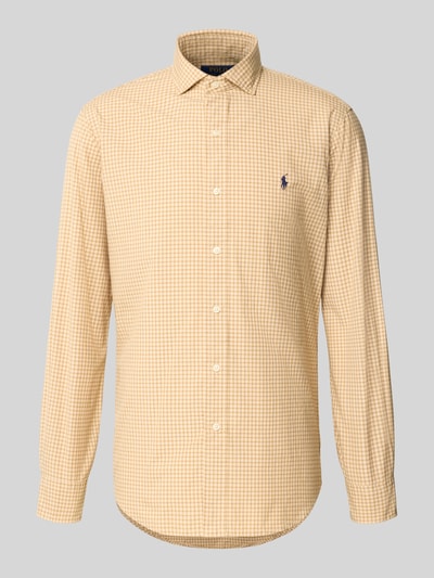 Produktfoto, Custom Fit Freizeithemd aus reiner Baumwolle von Polo Ralph Lauren, gelb-weiß kariertes Muster, glatte Textur, neutrale Farben.