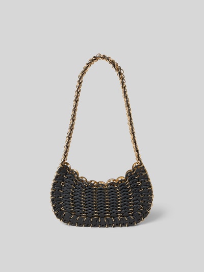 Produktfoto, schwarze Shoulder Bag in Ketten-Optik von Rabanne mit Schulterriemen, offenem Hauptfach und Logo-Applikation auf der Innenseite.