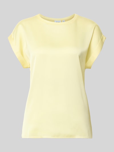 Produktfoto, Damen T-Shirt mit Rundhalsausschnitt Modell 'ELLETTE' von Vila aus Viskose-Elasthan-Mix in zartem Gelb, Lockerer-Schnitt, glatte Textur, Rückenlänge bei Größe 36: 57 cm.