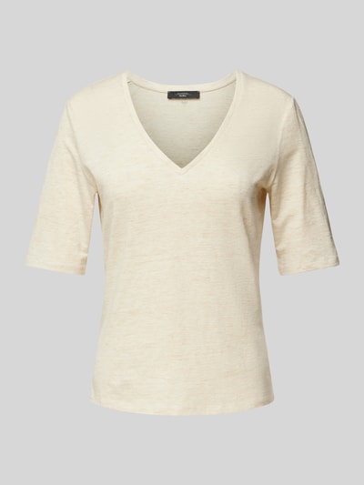 Weekend Max Mara T-shirt z mieszanki lnu i elastanu z dekoltem w serek model ‘BRUNATE’ Piaskowy 2