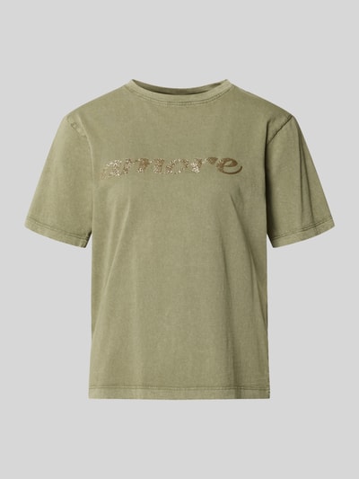 Produktfoto, T-shirt aus reiner Baumwolle Modell 'SOLKO' von B.Young, damski t-shirt, luźny krój, okrągły dekolt, długość tyłu w rozmiarze S 58 cm, oliwkowy, z nadrukiem, gładka faktura