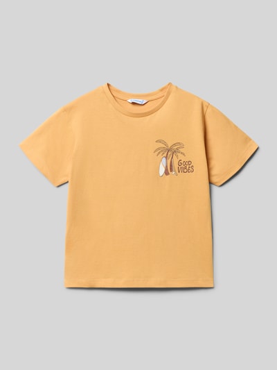 Produktfoto, Regular Fit T-Shirt mit Statement-Print von Mayoral aus reiner Baumwolle in Gelb mit Motiv-Print, Rundhalsausschnitt, Größe 116, Rückenlänge 45 cm