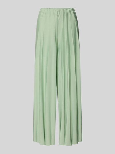 Produktfoto, lichtgroene stoffen broek van satijn met plissévouwen, wide leg fit, elastische band, model 'Samantha' van GUIDO MARIA KRETSCHMER WOMAN, bandwijdte maat 36: 34 cm, binnenbeenlengte maat 36: 73 cm