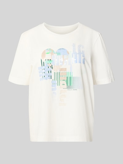 Produktfoto, T-Shirt mit Motiv-Print und Pailletten von Marc Cain, weiße Baumwolle, bunte Prints, Regular Fit, Rundhalsausschnitt, Vorderansicht