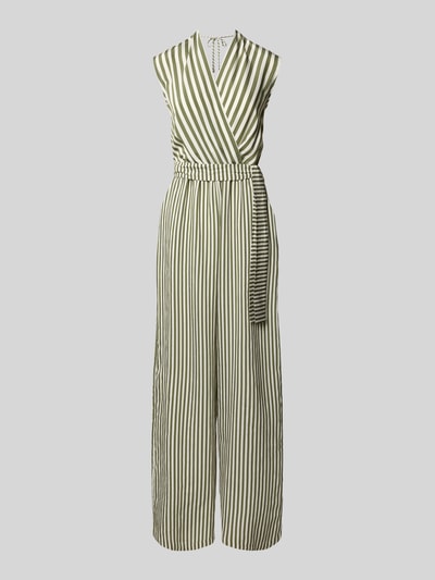 Produktfoto, Jumpsuit aus Viskose-Mix mit V-Ausschnitt von Rinascimento, gestreift in Grün und Weiß, taillierte Passform, ärmellos, strukturierte Stofftextur, abnehmbares Taillenband, Damen Jumpsuit, Rückenlänge S 150 cm, Brustweite S 40 cm, Innenbeinlänge S 77 cm.