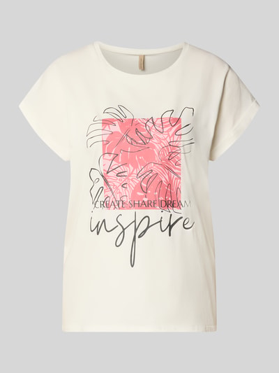 Produktfoto, T-Shirt mit fixiertem Ärmelaufschlag Modell 'RINA' von Soyaconcept in Creme mit rosa Motiv-Print, Rundhals, gerader Schnitt, Baumwoll-Mix mit Stretch-Anteil