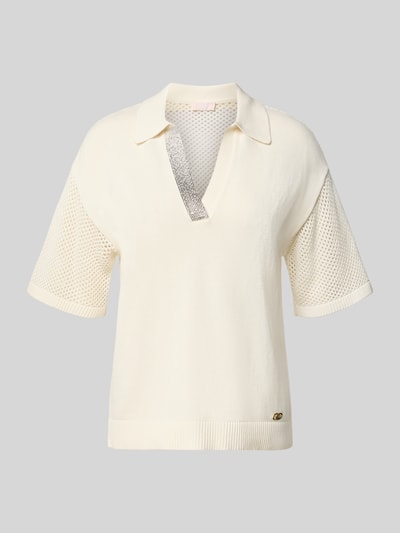 Produktfoto, Relaxed Fit Poloshirt in Strick-Optik mit Strasssteinbesatz von LIU JO SPORT, kremowy kolor, krótki rękaw, bawełna, ażurowy wzór