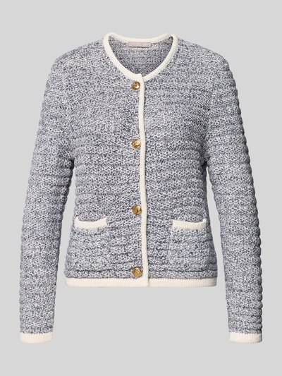 Produktfoto, Strickjacke mit Rundhalsausschnitt und Knopfleiste von Christian Berg Woman Selection, bawełna, krój regular fit, szary melanż, białe lamówki, długość tyłu 54 cm, długość rękawa 66 cm