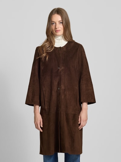 Marc Cain Regular Fit Ledermantel mit Rundhalsausschnitt und Knopfleiste Mittelbraun 4