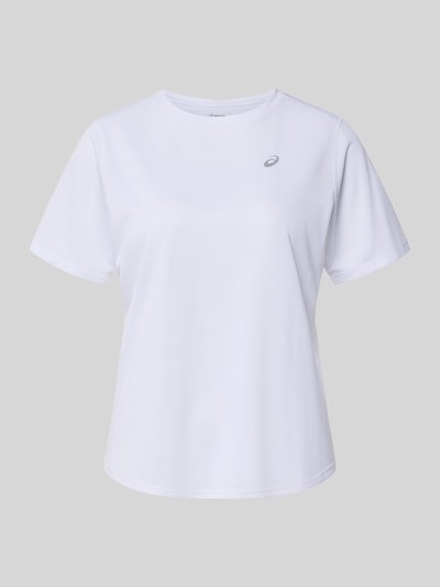 Produktfoto, weißes Regular Fit T-Shirt mit Logo-Print von Asics, Rundhalsausschnitt, kurzärmeliges Design, Rückenlänge bei Größe S 63 cm.