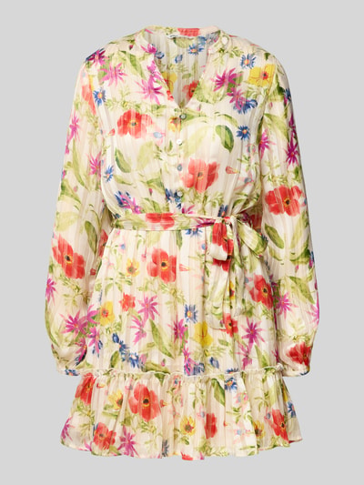 Produktfoto, Tailliertes Freizeitkleid mit Effektgarn-Details Modell 'AVERY' von ONLY, Optik: Unifarben, Passform: Tailliert, Mini-Länge, V-Ausschnitt, Ballonärmel, schmale Manschette, Volant-Saum, Chiffon, bunte Blumenfarben und feine Faltenstruktur