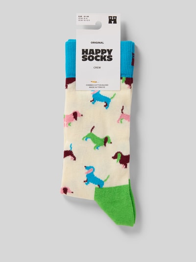 Produktfoto, Socken aus Baumwoll-Mix Modell 'PUPPY LOVE' von Happy Socks, bunte Hunde auf cremefarbenem Grund, grüner Zehenbereich, elastisches Rippenbündchen, Label-Detail sichtbar, Herrensocken