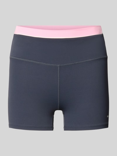 Produktfoto, Slim Fit Shorts mit Logo-Print Modell 'Reflect' von P.E Nation aus Elastischer-Material-Mix, dunkelgrau mit rosa Bund, Detailansicht, Damen Shorts, Bundweite bei Größe S 26 cm, Innenbeinlänge 8 cm