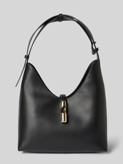 Produktfoto, Handtasche mit Logo-Detail Modell 'Goccia' von FURLA in Schwarz mit goldfarbenem Verschluss, glatte Oberfläche, 25x31x15 cm, verstellbarer Schulterriemen 42 cm.