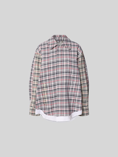 Produktfoto, Jacke mit Leinen-Anteil von Victoria Beckham aus Baumwoll-Leinen-Mix mit Karo-Muster, Umlegekragen, Loose-Fit, Brust- und Eingrifftaschen, durchgehende Knopfleiste, Rückseite länger, natürliche Textur, Größe XS/S, Rückenlänge 81 cm, Brustweite 78 cm, Ärmellänge 62 cm.