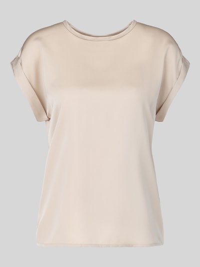 Produktfoto, Blusenshirt mit fixierten Ärmelaufschlägen Modell 'VIELLETTE' von VILA, beigefarbener Viskose-Mix mit Stretch, lockerer Schnitt, Rundhalsausschnitt, glatte Textur, Rückenlänge 57 cm bei Größe 36