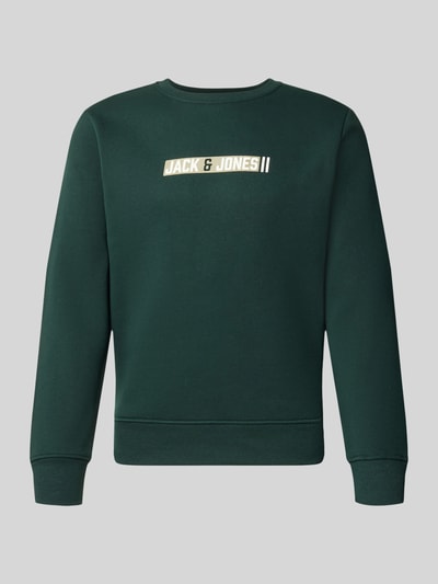 Produktfoto, Regular Fit Sweatshirt mit Baumwoll-Anteil Modell 'Munk' von JACK & JONES, dunkelgrün, Logo-Print, elastische Abschlüsse, Rundhalsausschnitt, Rückenlänge 60 cm, Ärmellänge 67 cm, Material-Mix, schlichte Form, glatte Textur