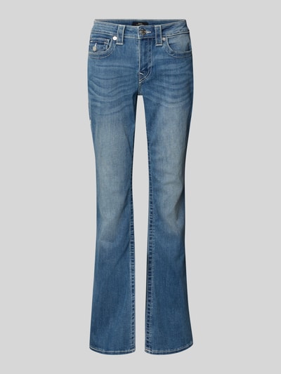 Produktfoto, Mid Rise Bootcut Jeans im Used-Look Modell 'BECCA' von TRUE RELIGION aus blauem Baumwoll-Mix mit Stretch-Anteil, sichtbare Used-Effekte.