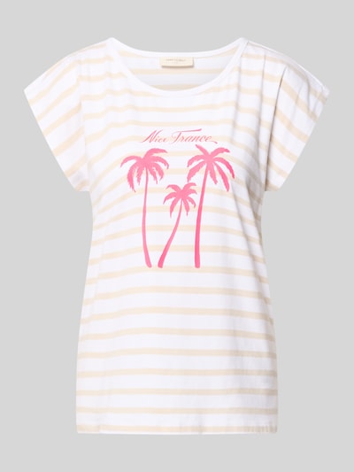 Produktfoto, T-Shirt mit Motiv-Print Modell 'Fenjal' von FREE/QUENT im Regular Fit aus Bio-Baumwoll-Elasthan-Mix mit Rundhalsausschnitt, beige-weiß gestreift, rosa Palmenprint, Rückenlänge bei Größe S: 63 cm