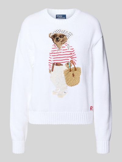 Produktfoto, biały Regular Fit Strickpullover aus Baumwoll-Leinen-Mix mit Bear Intarsien von Polo Ralph Lauren, krój regular fit, gładki, okrągły dekolt, z krótkim rękawem, dzianina, aplikacja Bear Intarsien