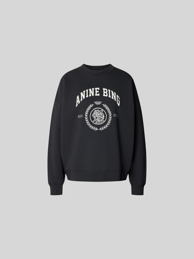 Produktfoto, schwarzes Oversized Fit Sweatshirt mit Logo-Print von Anine Bing aus reiner Baumwolle, Rundhalsausschnitt, elastische Abschlüsse, Rückenlänge 61 cm in Größe S