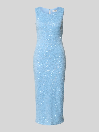 Produktfoto, Midikleid mit Pailletten von Little Mistress in hellblau mit Strukturmuster, figurbetonter Schnitt, Rundhalsausschnitt, schimmernde Textur, Rückenlänge 123 cm, Brustweite 38 cm bei Größe 36.