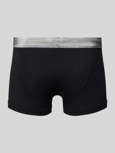 Produktfoto, schwarze Slim Fit Trunks mit silberfarbenem Bund und Logo-Stitching im 3er-Pack von Emporio Armani, elastischer Baumwoll-Mix.