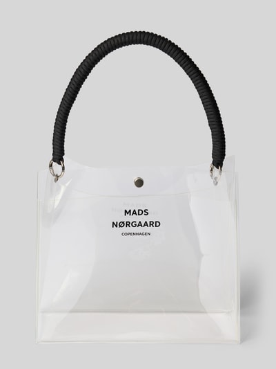 Produktfoto, transparente Handtasche mit Logo-Print Modell 'Craze Vinyl' von MADS NØRGAARD, Hauptfach mit Druckknopfverschluss, Tragehenkel mit Strukturmuster, Maße 26x22x10 cm, Schulterriemen 45 cm