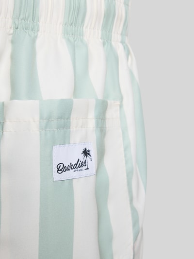 Produktfoto, hellgrüne und cremefarbene Badehose im Allover-Look Modell 'Fistral Stripe' von BOARDIES mit elastischem Bund und Kordelzug