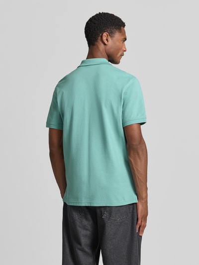 Männermodel trägt Regular Fit Poloshirt aus reiner Baumwolle von Tom Tailor in Mintgrün, glatte Struktur, Ganzkörperansicht Rückansicht.