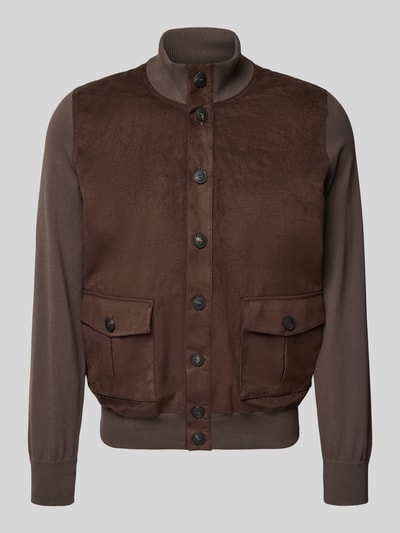 Produktfoto, Veloursjacke mit Stehkragen und Knopfleiste von GRAN SASSO, braunes Velours, Regular-Fit, Pattentaschen, Rückenlänge 67 cm, Ärmellänge 70 cm
